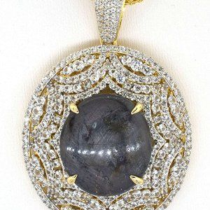 Cabochon Cut Natural Star Ruby & White Sapphire Necklace in Vermeil